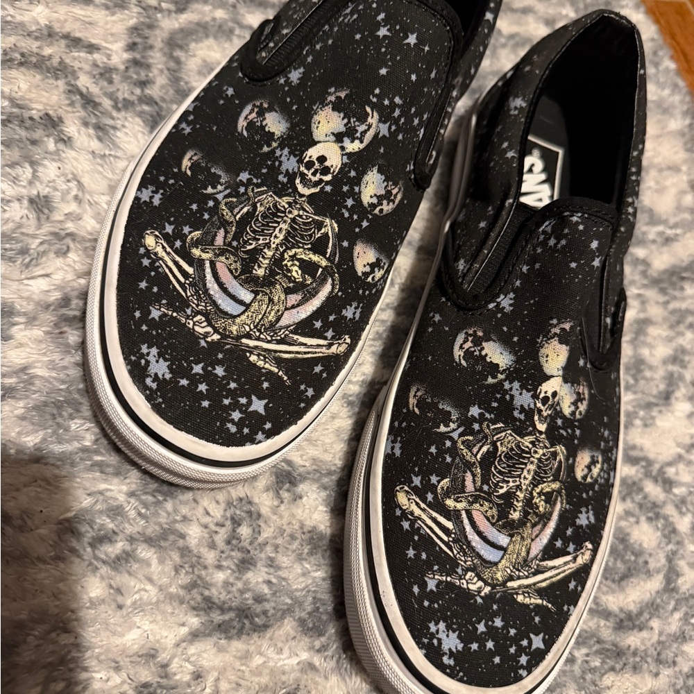 Vans Kids Black Slip-On Sneakers with Skeleton & Moon Graphic